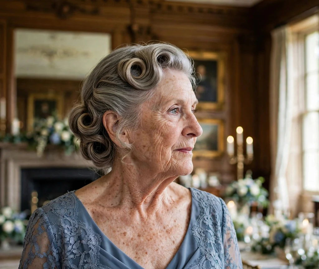 Elegant Gibson tuck wedding hairstyle on a woman in her 50s