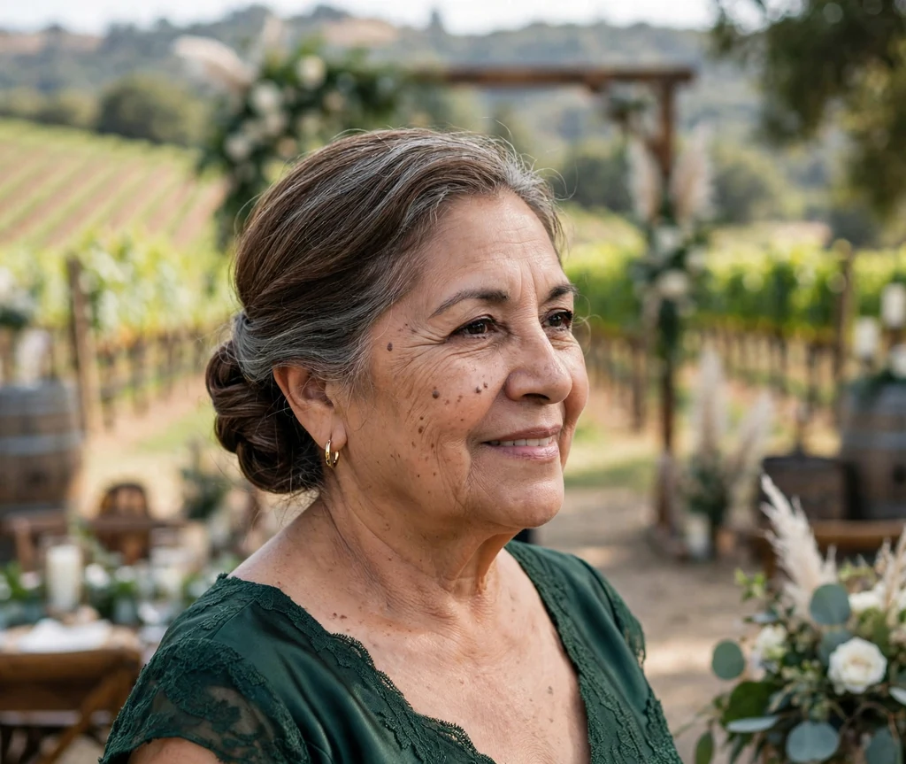 Low rolled updo wedding hairstyle on a woman in her 60s