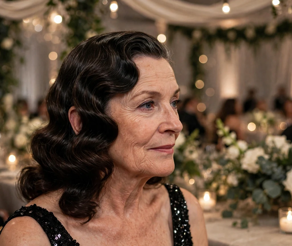 Vintage Hollywood waves wedding hairstyle on a woman over 50