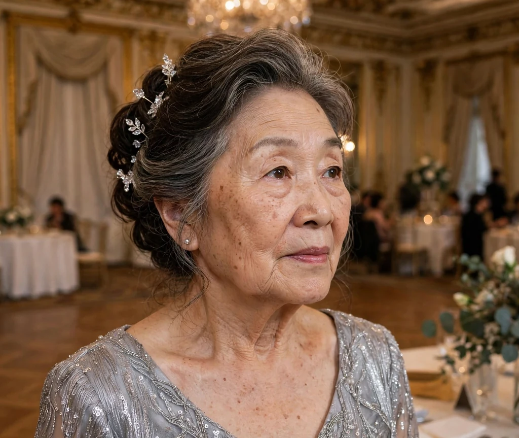 Soft wedding updo with crystal hair accessories on a woman in her 60s