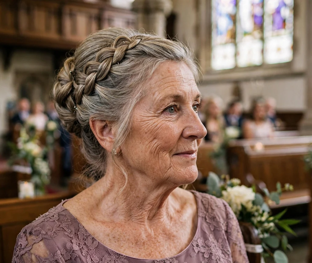 Elegant French braid wedding updo on a woman over 50