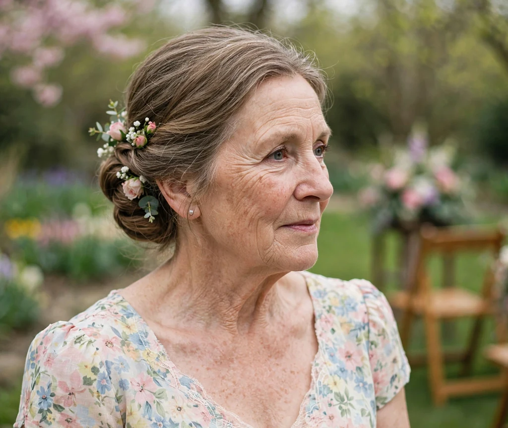 Low chignon with floral pins on a woman in her 50s