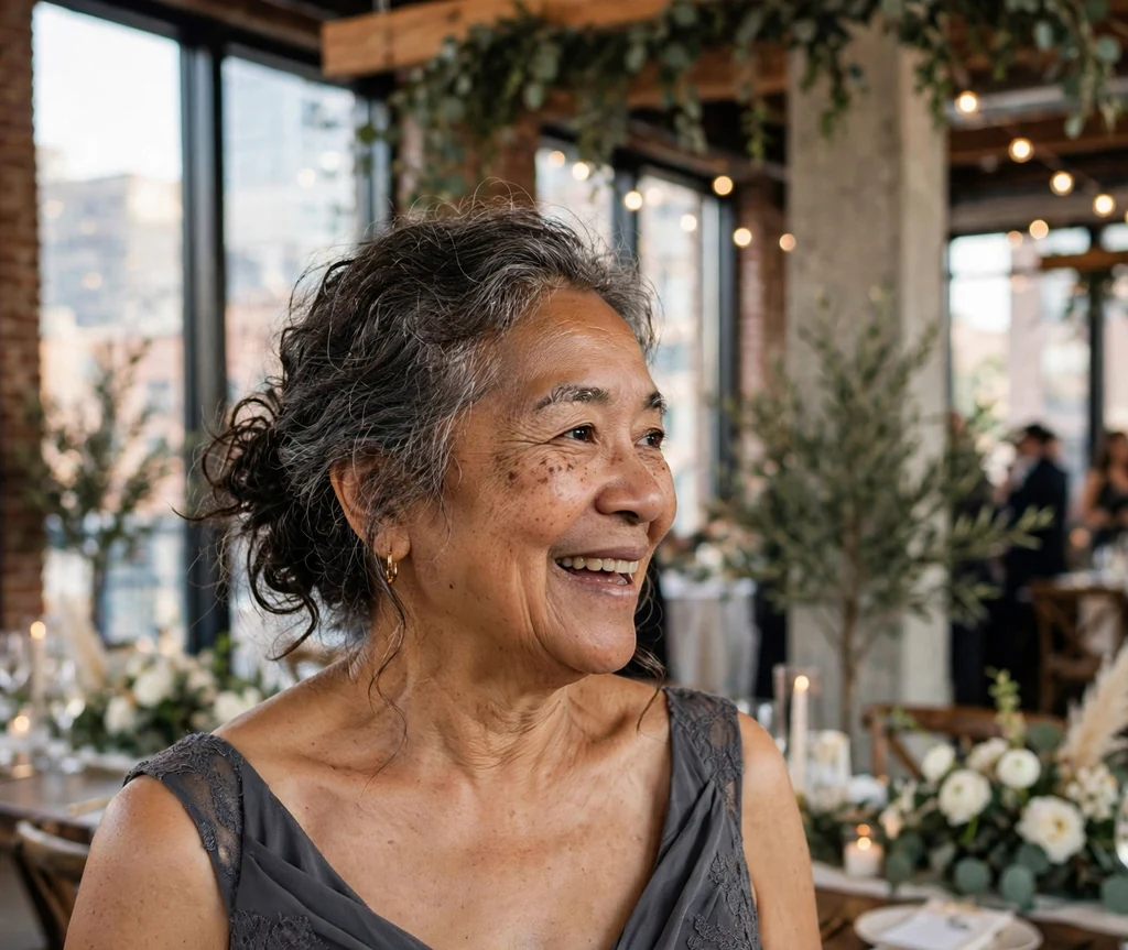 Textured low knot wedding hairstyle on a woman over 50