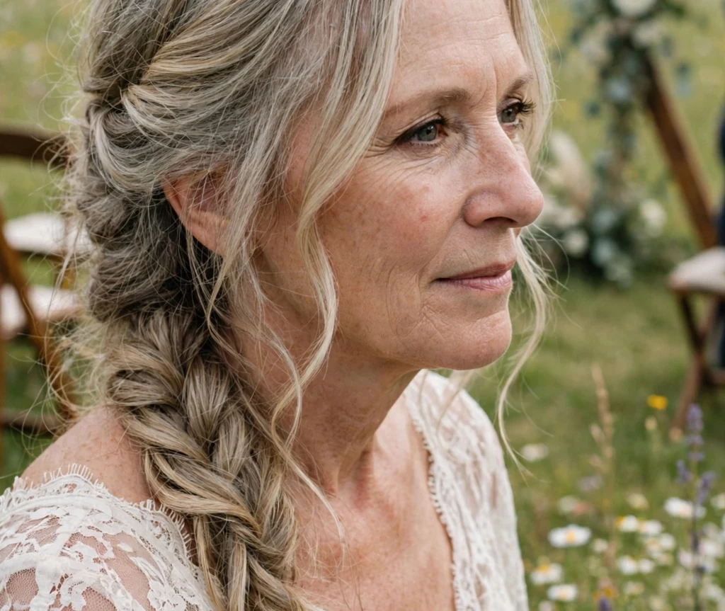Romantic side braid wedding hairstyle on a woman in her 50s