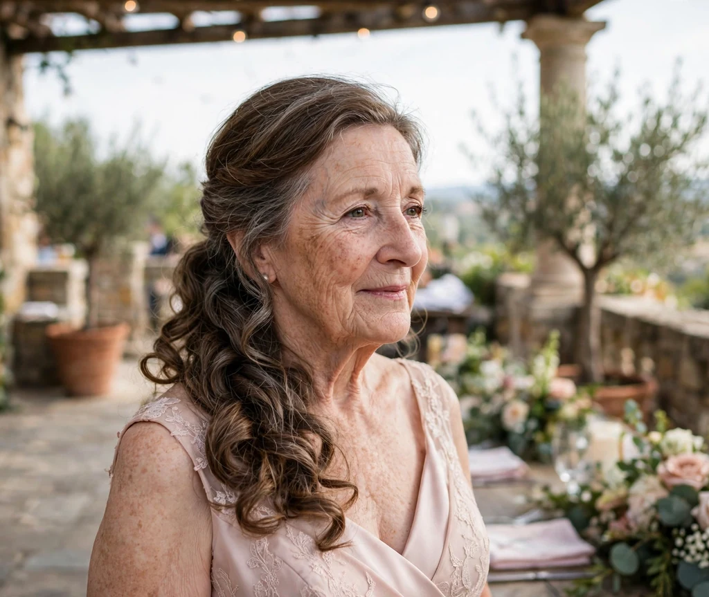 Low side ponytail with curls wedding hairstyle on a woman in her 60s