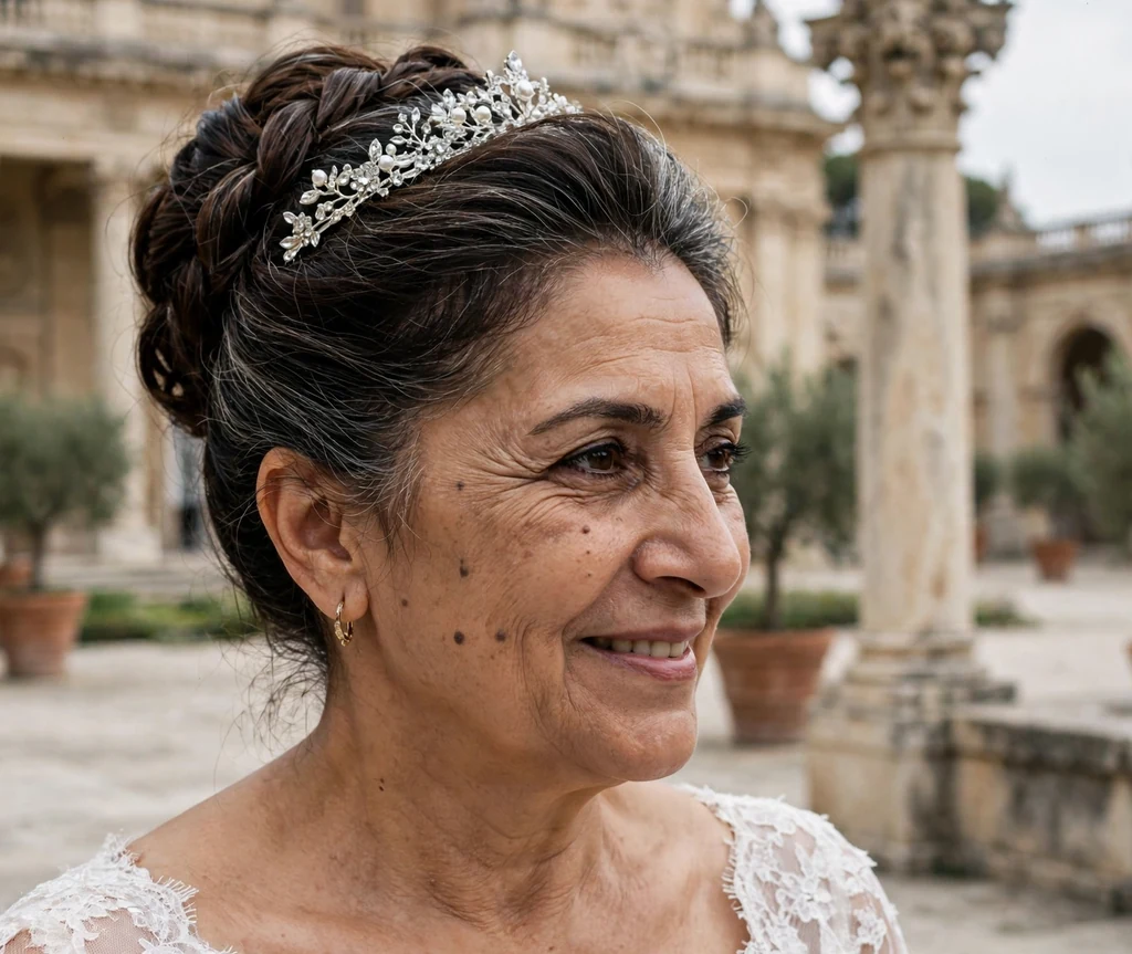 Regal wedding updo with tiara on a woman in her 50s