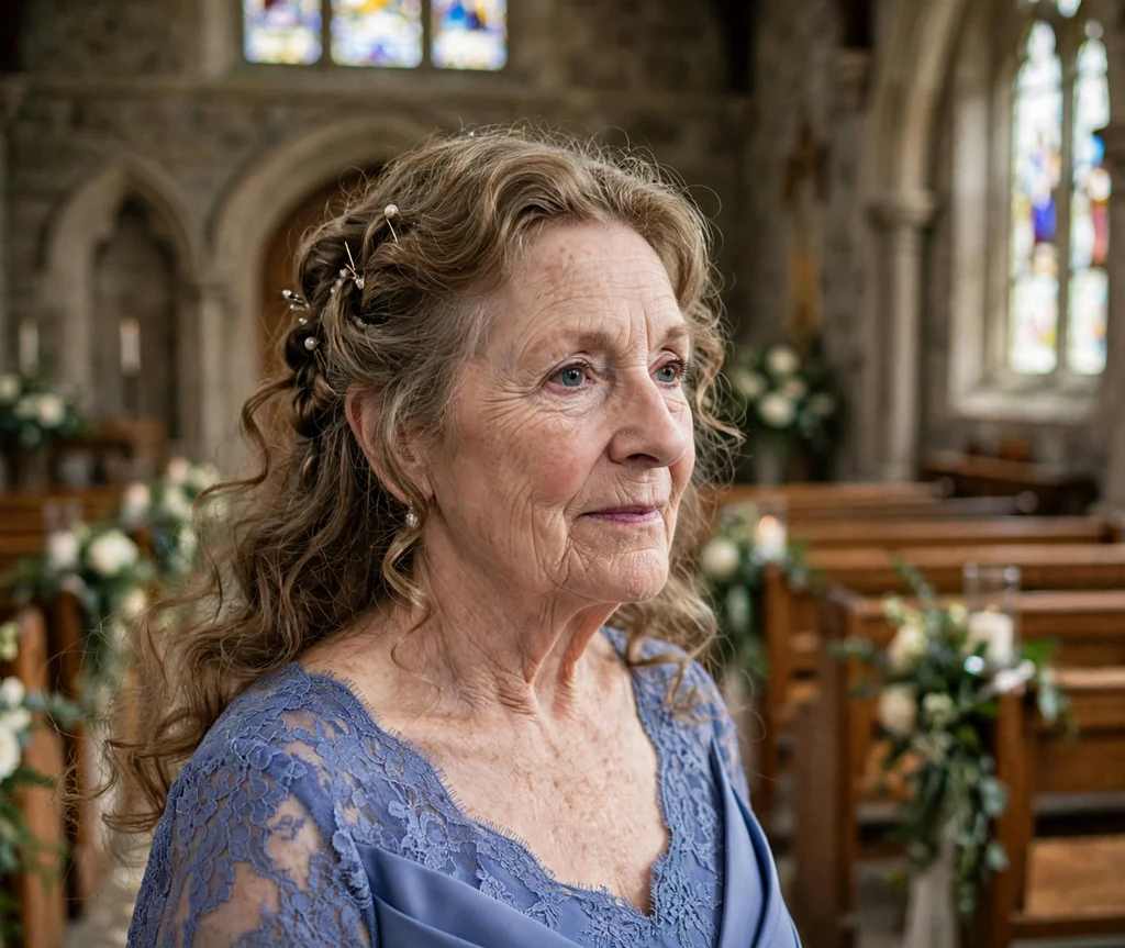 Soft pinned back curls wedding hairstyle on a woman over 50