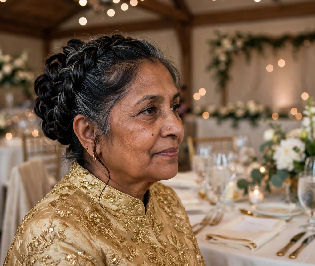 Elegant Dutch braid wedding updo on a woman in her 60s