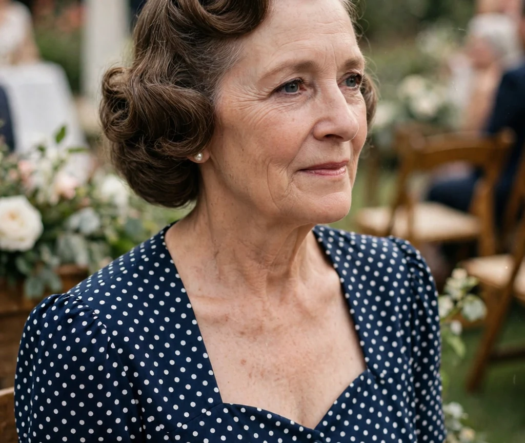 Vintage rolled bob wedding hairstyle on a woman in her 50s