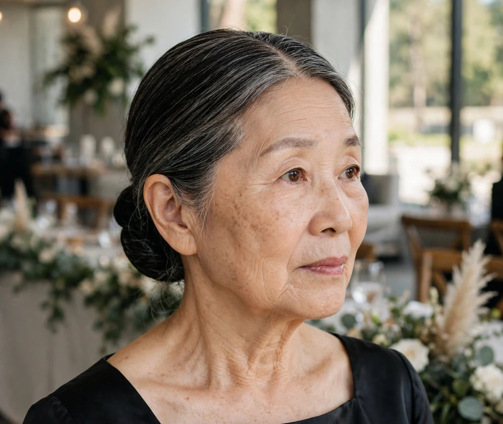 Chic low bun with center part wedding hairstyle on a woman over 50