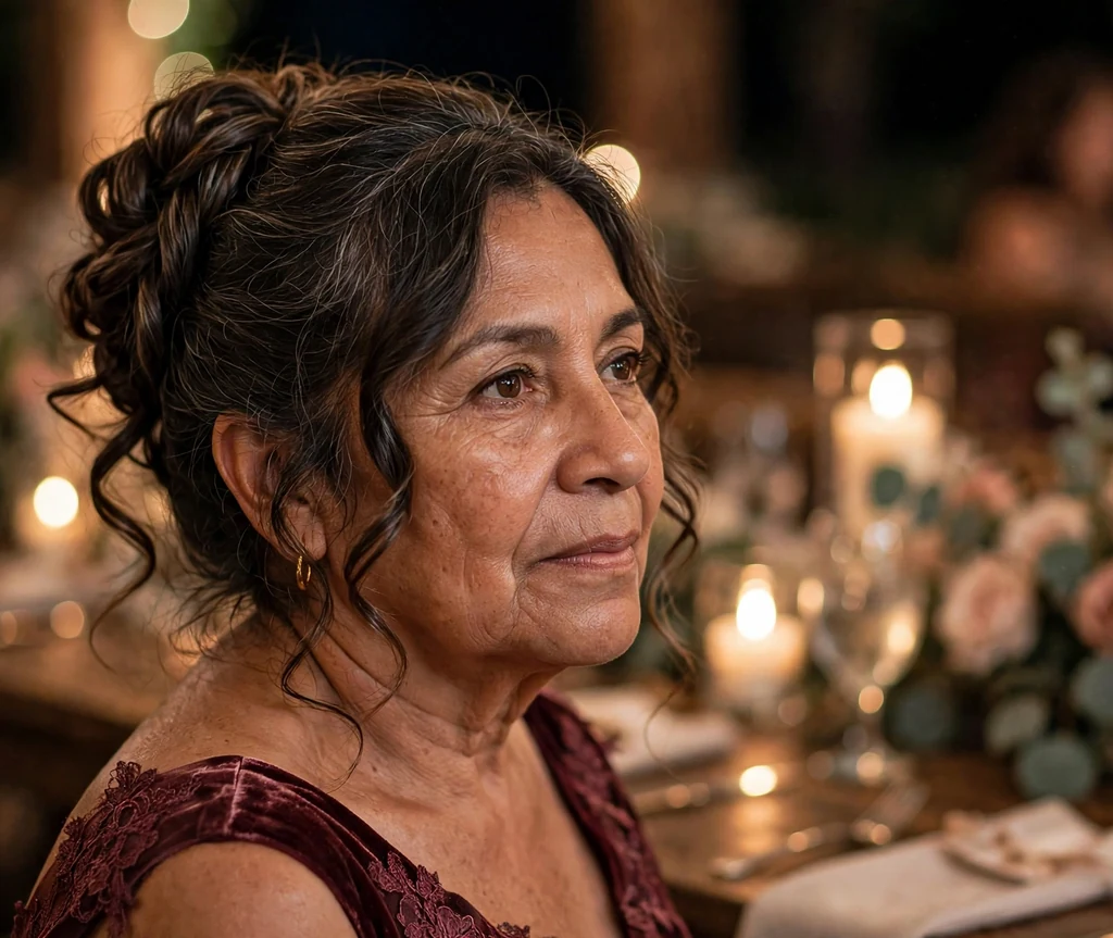 Romantic twisted wedding updo on a woman in her 60s