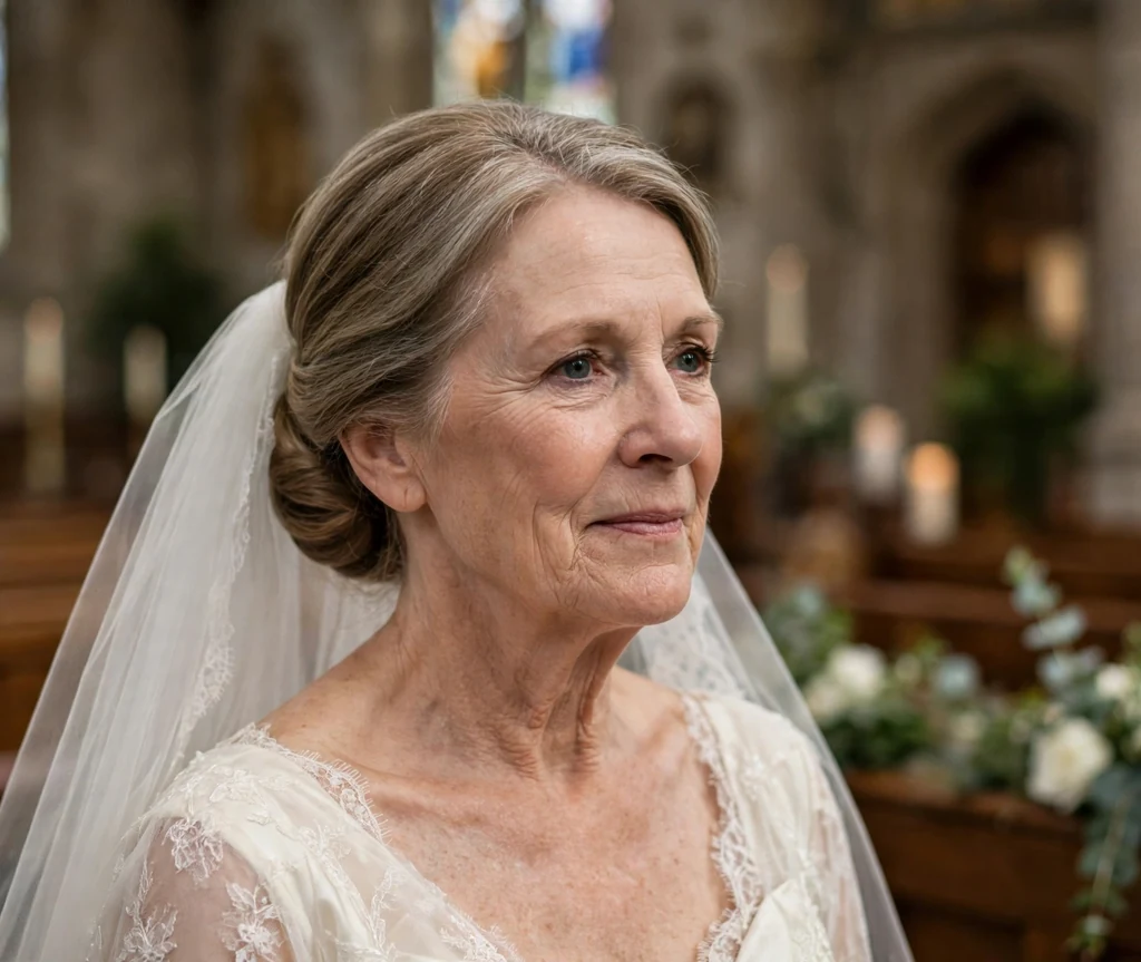 Elegant chignon with bridal veil on a woman in her 50s