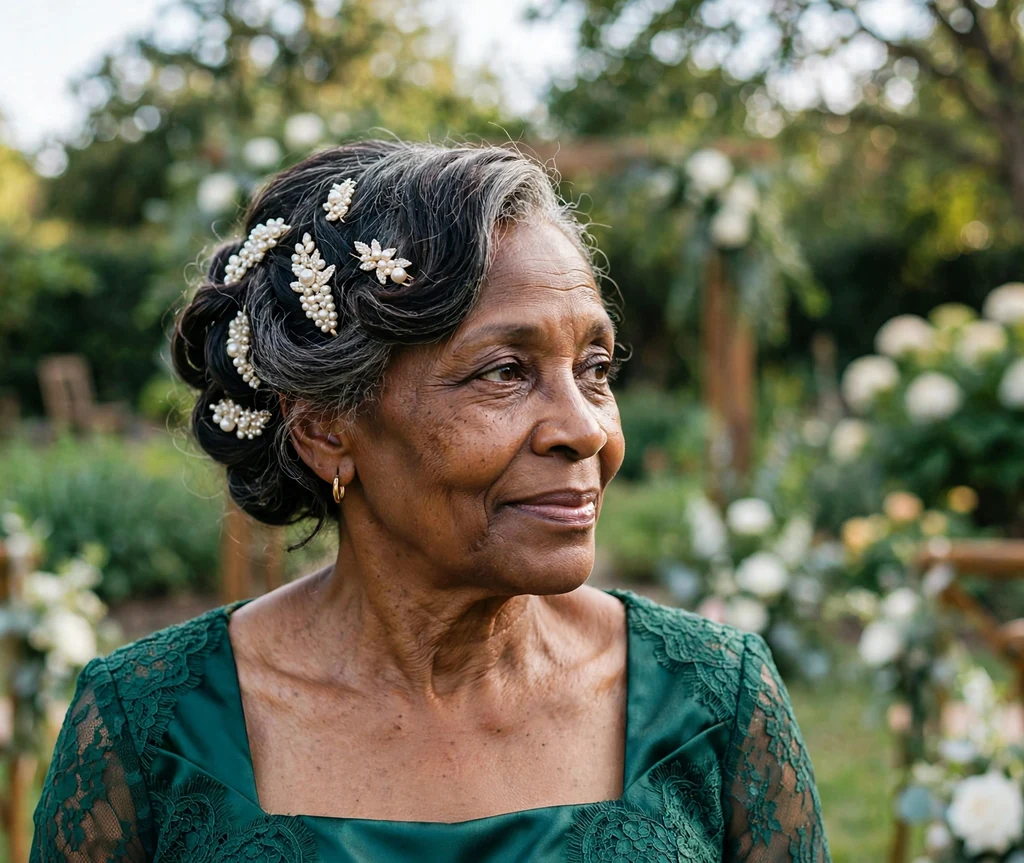 Side-swept wedding updo with decorative barrettes on a woman over 50
