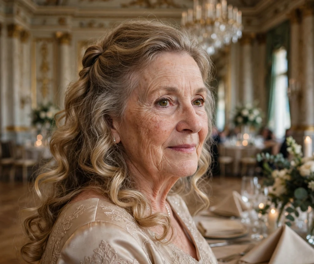 Graceful long curls half-up wedding hairstyle on a woman in her 60s