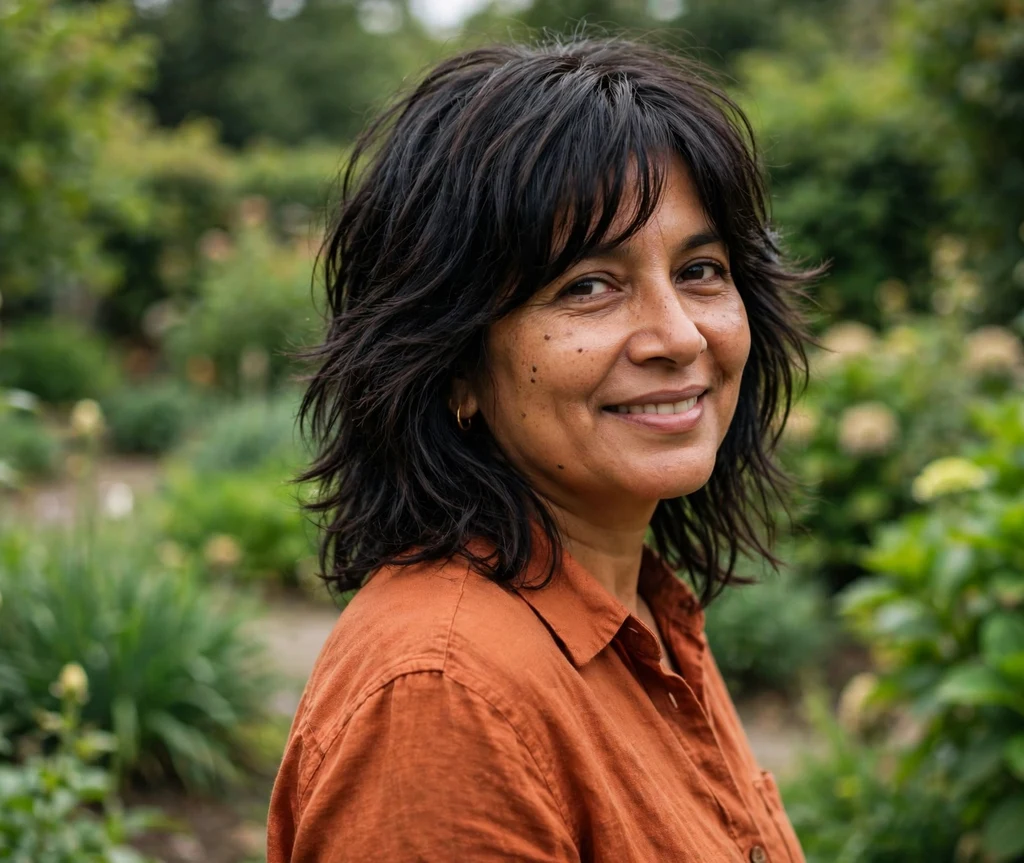 Modern shag haircut with choppy layers and curtain fringe on long dark hair