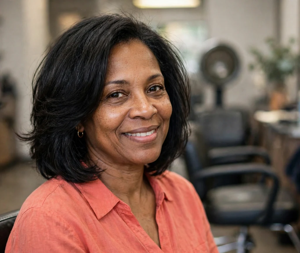 Soft layered bob in relaxed black hair with feathered ends