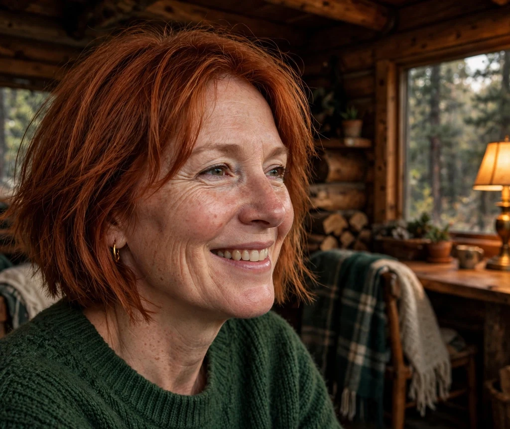 Textured copper-red A-line bob, shorter at the back and longer in front