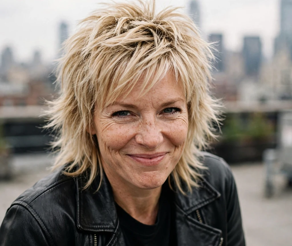 Blonde wolf cut with heavy layers, textured crown and wispy ends