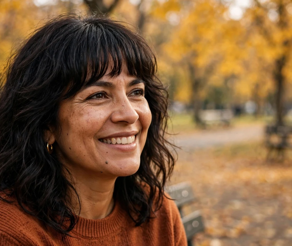 Wavy dark mid-length hair with full straight-across bangs