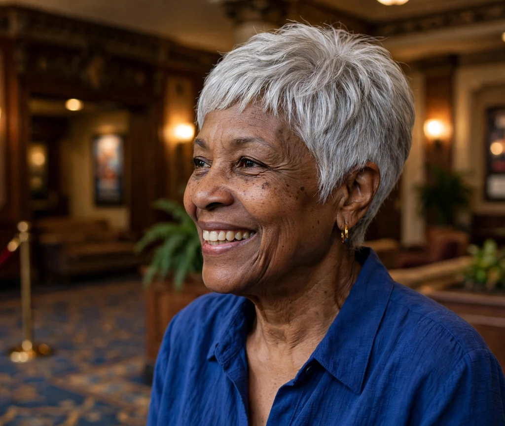 Soft tapered silver pixie cut with gentle texture on top