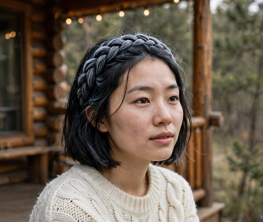 Woman with a chin-length bob styled into a crown braid in front of a cozy cabin porch