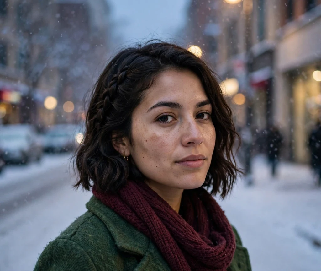 Woman with a dark brown lob featuring a side Dutch braid on a snowy city street at dusk