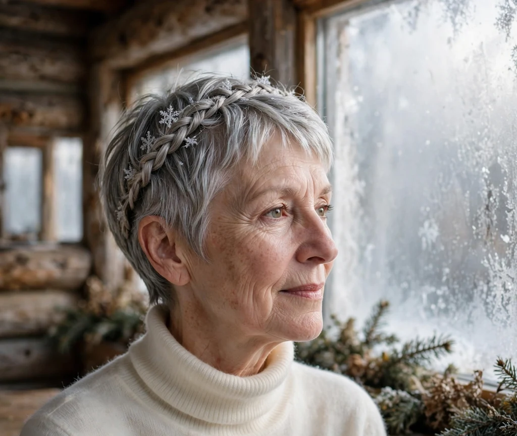 Older woman with a silver pixie cut styled with a halo braid near a frosted lodge window