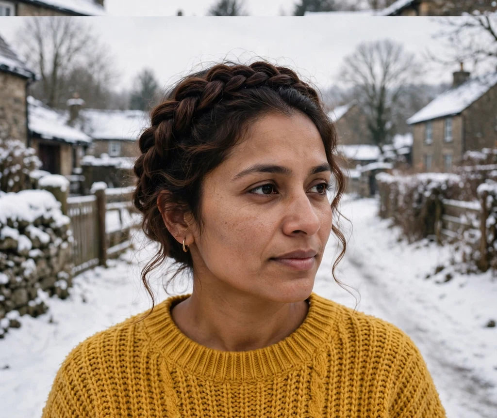 Woman with milkmaid braids wrapped over her wavy lob on a snow-covered village lane