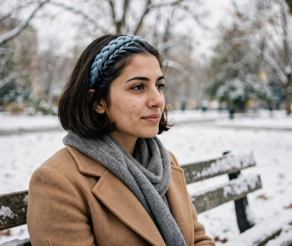 Woman with a French braid headband across her dark bob sitting on a snowy park bench