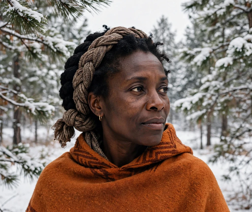 Woman with natural short coils and a chunky braid wrap among snow-dusted pine trees