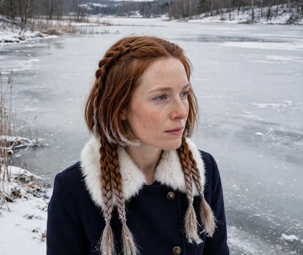 Woman with auburn bob styled in double French braids by a frozen lake