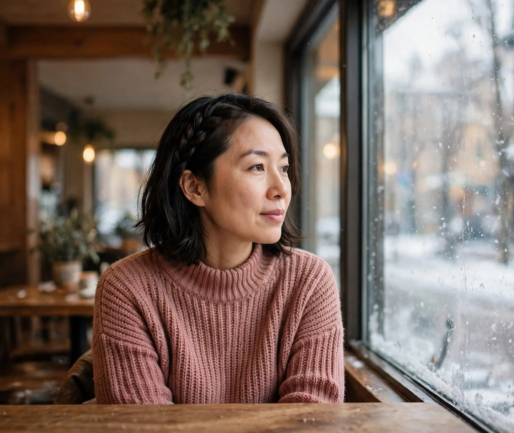 Woman with a dark lob featuring a rope twist braid beside a cafe window with falling snow