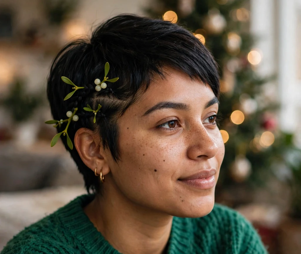 Young woman with a black pixie featuring tiny micro braid accents near a Christmas tree