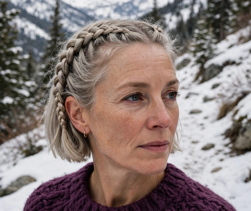 Woman with an ash-blonde bob styled in boxer braids on a snowy mountain trail