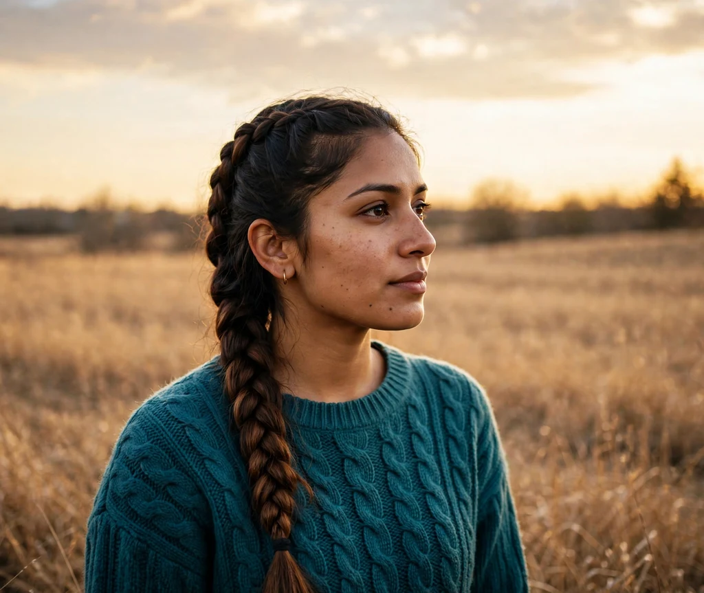 Woman with a dark lob styled in a fishtail side braid in a golden winter field
