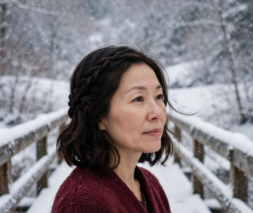 Woman with a shoulder-length lob featuring a waterfall braid on a snowy wooden bridge
