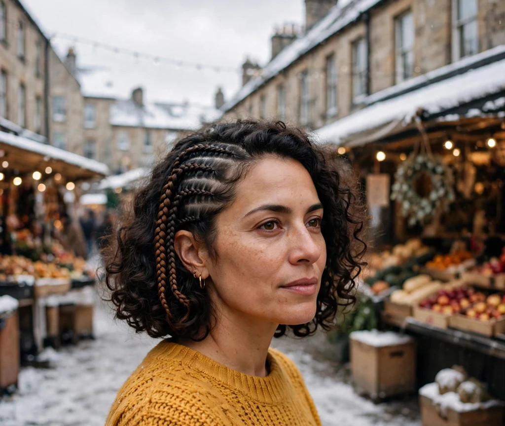 Woman with a curly dark bob featuring cornrow accents on a cozy snowy market street