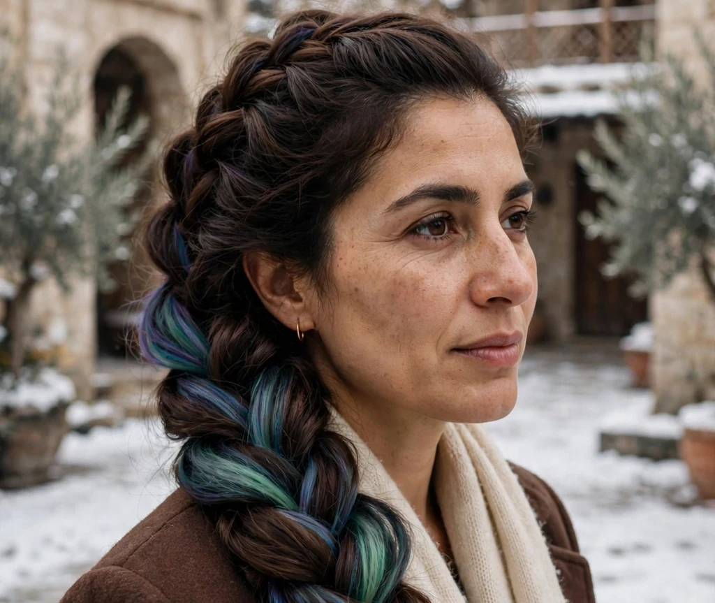 Woman with a dark brown lob styled in a pull-through braid in a snowy courtyard