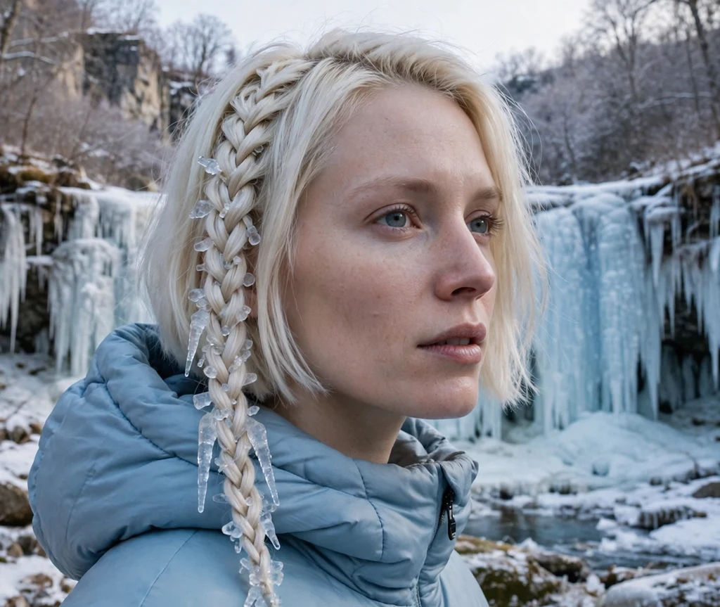 Woman with a platinum blonde bob featuring a chain-link style braid by a frozen waterfall