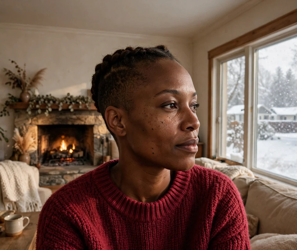 Woman with a tapered short cut and half-up braid in a warm living room with a snowy window view