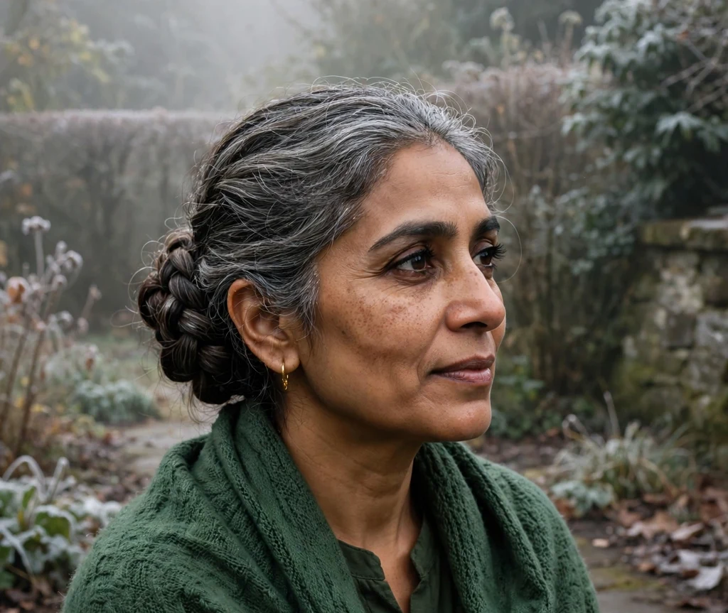 Woman with a salt-and-pepper lob styled into a braided low bun in a misty winter garden