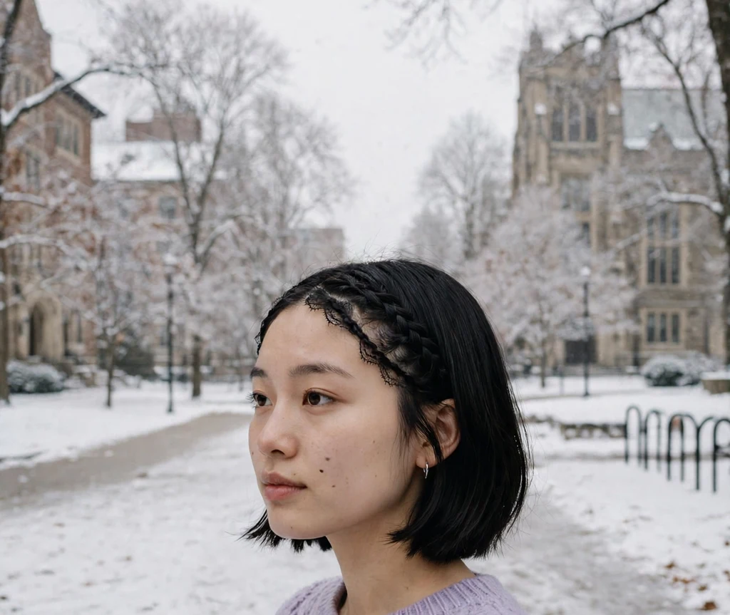 Young woman with a black bob featuring a delicate lace braid on a snowy campus path