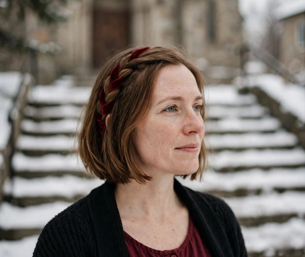 Woman with a chestnut bob featuring a braid woven with velvet ribbon on snowy church steps