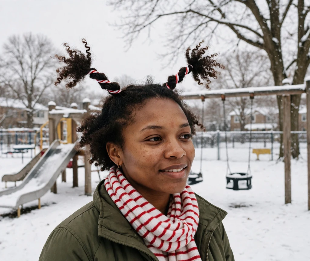 Young woman with short curly hair in twisted pigtails wearing a striped scarf in a snowy playground