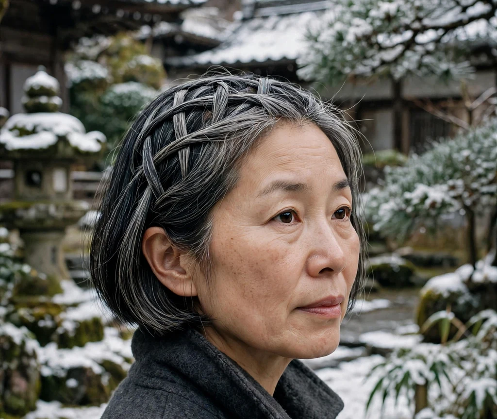 Older woman with a gray-streaked black bob featuring a lattice braid in a snowy temple garden