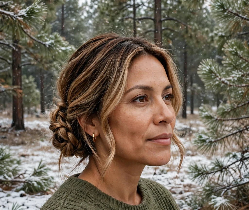 Woman with a caramel balayage lob in a twisted updo with braids in a pine forest clearing