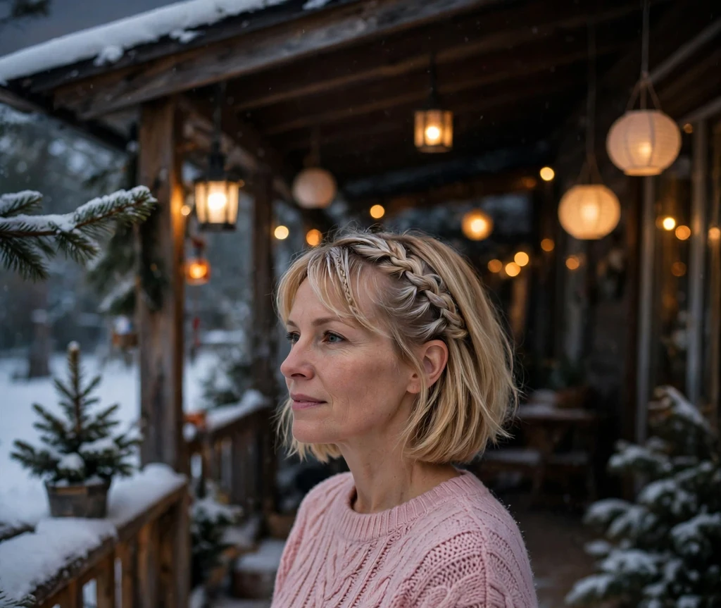 Woman with a golden blonde bob featuring braided bangs on a snowy porch with lanterns
