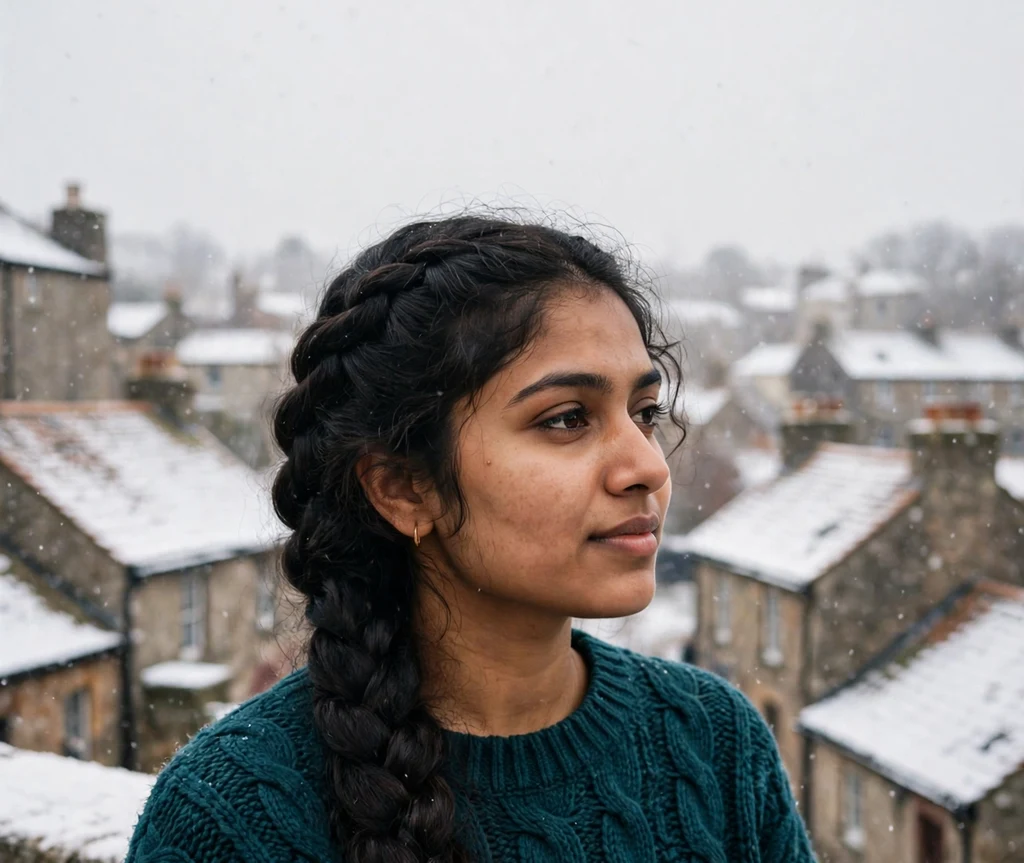 Young woman with a dark wavy bob in a chunky French braid with snowfall over old town rooftops