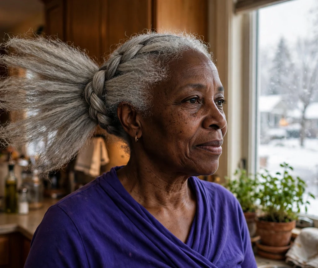 Older woman with silver cropped hair featuring a butterfly braid detail by a snowy kitchen window