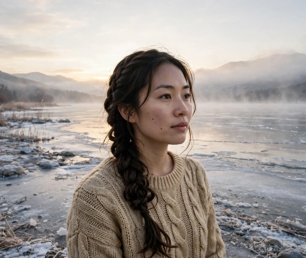 Woman with a dark brown lob in a loose mermaid braid on an icy lakeshore at sunrise